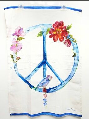 Blue Peace Symbol Floral Teatowel  27"x9" April Cornell